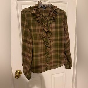 Lauren Ralph Lauren Olive Green Plaid Ruffle Blouse. Size M
